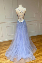 Stylish Tulle Pearl Long Prom Dresses,  A-Line Backless Evening Party Dresses